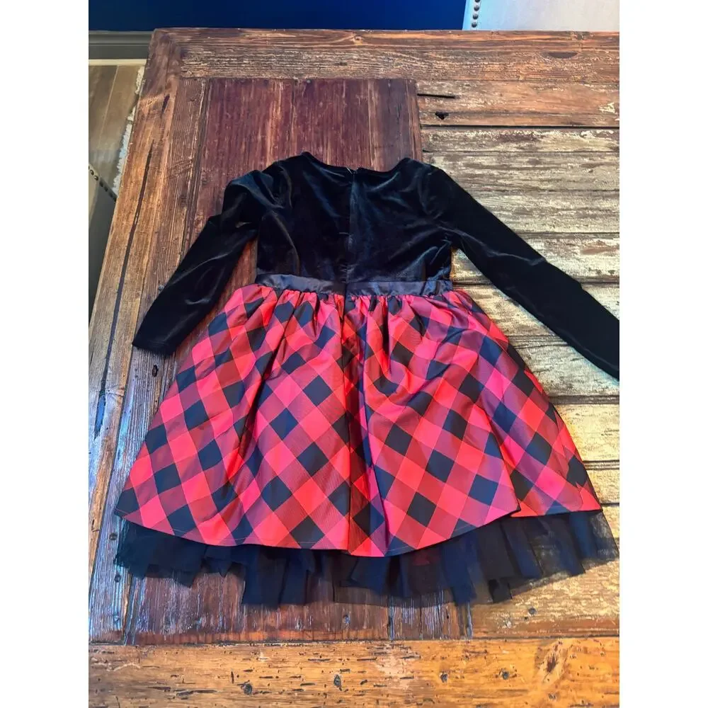 Cat & Jack Girl's Black & Red Velvet Plaid Dress Buffalo Check Size M (7/8)